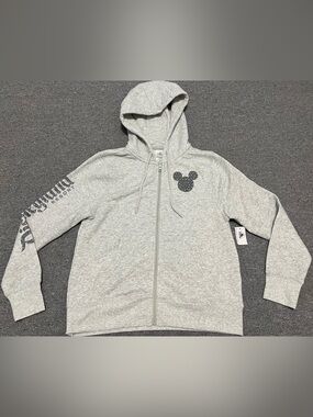 Adult Official Disneyland Gray Zip-Up Hoodie with Mickey Icon and Sleeve Script